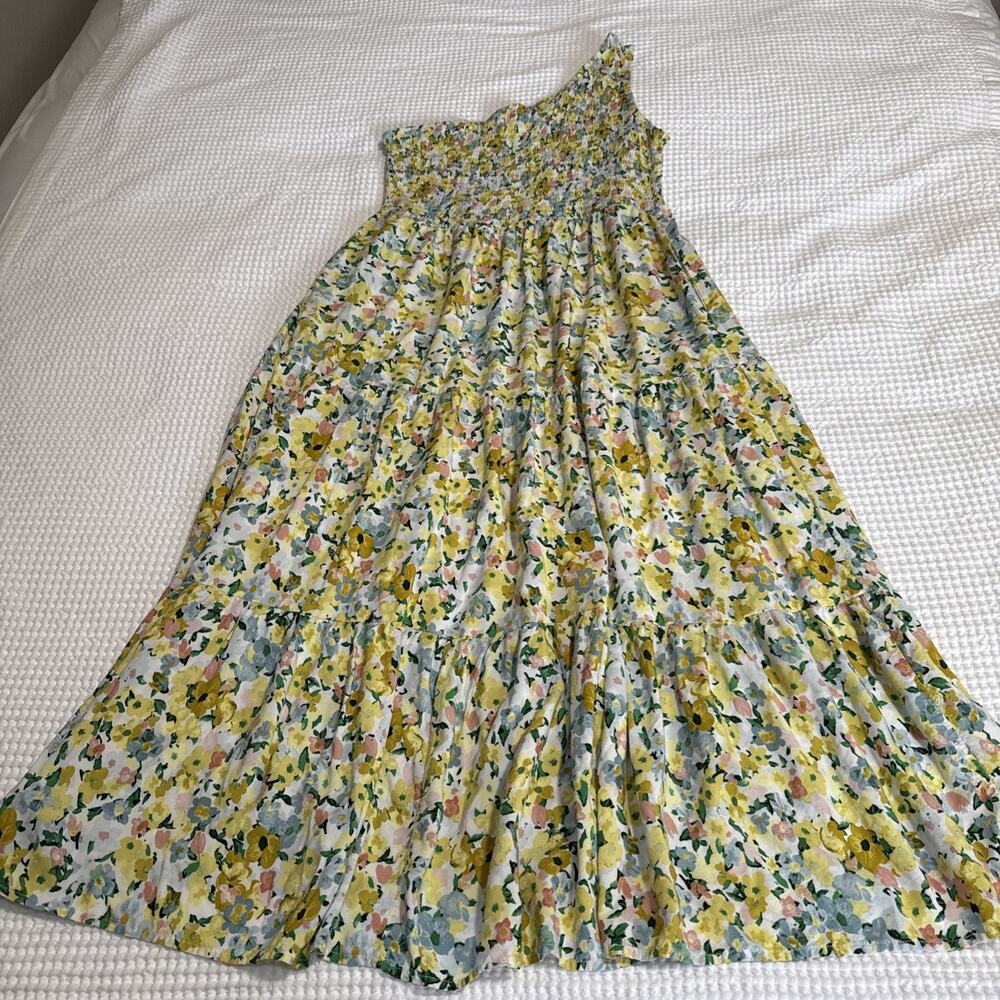 Anrabess Yellow Floral Midi Dress Smocked Sz XL Brunch Resortwear Cottage EUC